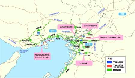 阪神高速の路線網と新規工事予定区間 