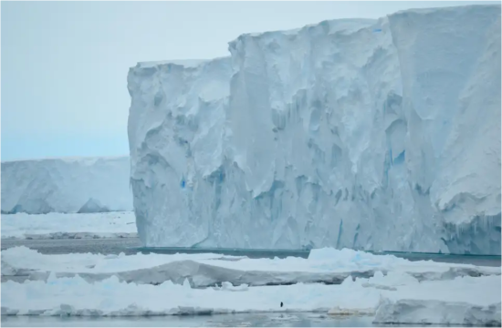 南極の東部地域で海洋に崩壊する氷河の先端
