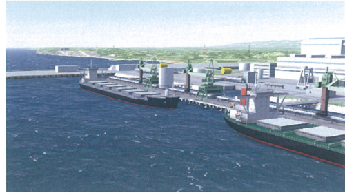 東北電力原町発電所の港湾に接岸した「ウィンドチャレンジャー」搭載船の予想図
