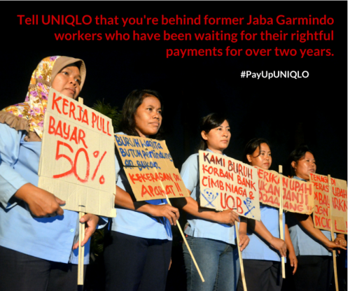 未払い賃金・補償の支払いをユニクロに求めるインドネシアの労働者たち
