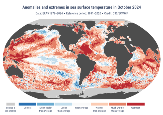 高気温地域が地球全体で主となっている