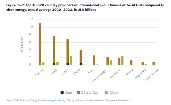 化石燃料事業へのファイナンス額が多い国のランキング（報告書から）