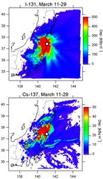 ３月１１～２９日に福島第１原発から放出されたヨウ素１３１（上）とセシウム１３７（下）が地面１平方メートル当たりに沈着した量。単位はいずれもキロベクレル（国立環境研究所提供）