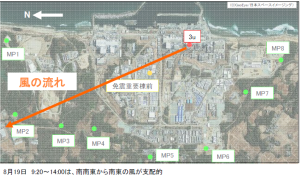 がれき撤去作業で拡散した放射能粉じんが流れた方向