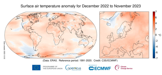 昨年12月から今年11月までの1年間の世界各地の気温の変化（多くが薄赤色＝気温上昇を示している）