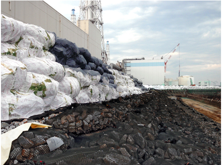 応急的に設置された東京電力福島第一原発の仮設防潮堤