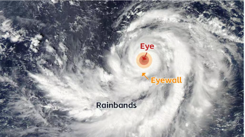 台風の強風の程度。「Eyewall」は強すぎるが、「Rainbands」は風力発電にプラスの風