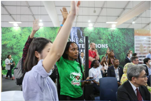 MUFGのサイドイベントに詰めかけたアフリカの活動家たち。発言を求めて挙手をしている（350.org Japanのサイトから）