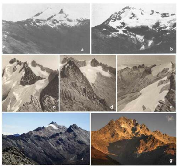 上から(a) La Corona glacier, then covering Humboldt and Bonpland peaks, seen from Pico Espejo in 1910 (Jahn Citation1925); (b) northwest face of Bolívar peak in 1910 (Jahn Citation1925); (c) southwest face of Bolívar peak in 1922 (Blumenthal 1922); (d) south face of Bolívar in 1922 (Blumenthal, 1922); (e) west side of La Concha seen from Bolívar (Blumenthal 1922); (f) La Corona glacier from Pico Espejo in 2013; and (g) northwest face of Bolívar in 2020 .同上研究論文から