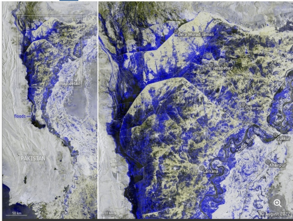 青と黒の色のところが洪水で水没している地域（ESAの衛星画像）