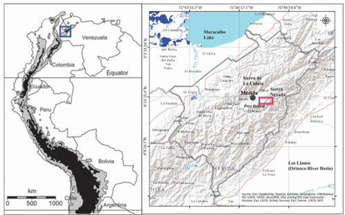 ㊧図はアンデス山脈から連なるメリダ山脈の北部にあるフンボルト氷河。㊨図はベネズエラ国内の同山脈中での氷河の位置