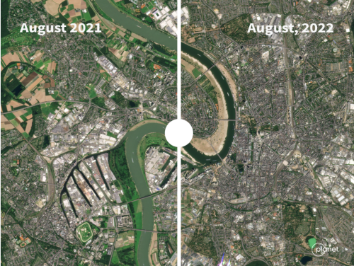 欧州のライン川の水量の変化。㊧昨年8月㊨今年8月