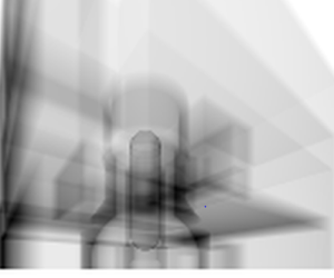 密度の高い物質があるところで多くのミュオンが吸収されるため、黒くなる。
原子炉内の黒い部分は炉心位置（燃料は健全と仮定）