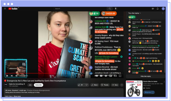 環境活動家のグレタ・ツゥンベリーさんのビデオの右側に添付された多くの偽情報サイト