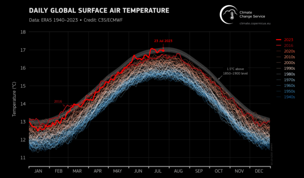 日ベースの世界の平均気温の変化。今年の温度（赤線）は「例外的」に高い