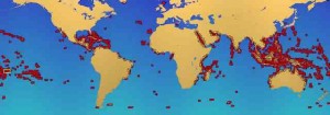 世界のサンゴ礁分布図