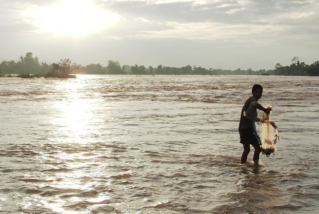 A fisherman catches fish on a channel west of the Khone Phapheng falls near the future Don Sahong dam site on the Mekong River, Nov. 10, 2013.