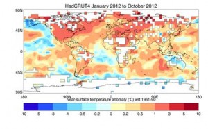 世界気象機関（WMO）がスイス・ジュネーブ（Geneva）で開いた記者会見で、スクリーンに映し出された地球表面の温度異常を示した図