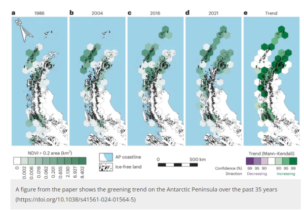 35年間で明確に「緑化」が進む南極半島の推移＝論文より