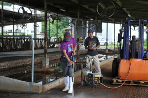 牛舎を除染する飯館村の住民
