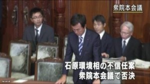 不信任案否決に対して謝意を表す｢金目」石原環境相