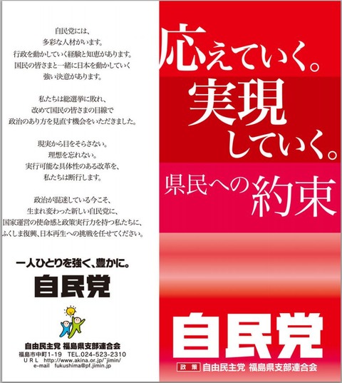 自民党の衆院選挙公約として福島県内に配布されたポスター、チラシ
