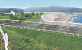 砂浜を確保して整備する戸倉海岸の防潮堤。隣接する道路はかさ上げし、海が見えるようにする