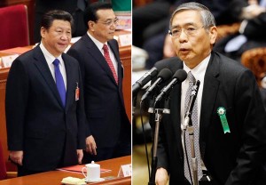 中国の影響力が強まる（習近平国家主席と李克強首相）右は元ADB総裁の黒田日銀総裁