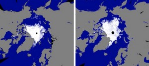 （左）衛星「しずく」が観測した８月１８日現在の北極海の氷の分布。白い部分が氷で、中央の丸い点は観測できない部分（右）米国の衛星が観測した昨年８月１５日現在の北極海の氷の分布＝いずれもＪＡＸＡ提供