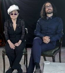 Yoko Ono, left, and her son Sean Lennon listen during an interview following the launch of a coalition of artists opposing hydraulic fracturing on Aug. 29, 2012 in New York. (AP Photo/Bebeto Matthews)