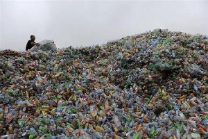 プラスチックボトルを収集するリサイクルセンター作業員（２０１１年１１月６日、中国・嘉興）