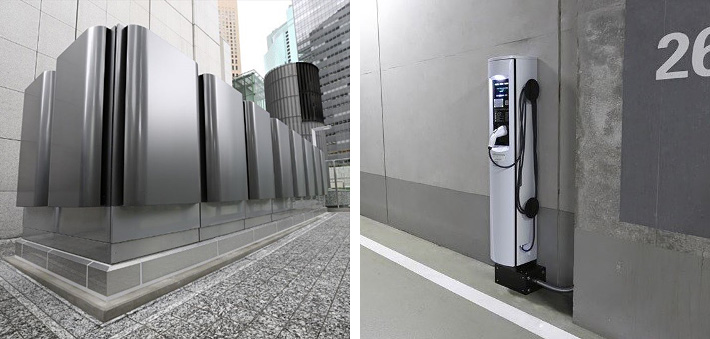東京汐留ビルディングに設置された「Bloomエナジーサーバー」／EV充電スタンド