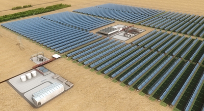 アブダビの南西約120キロ、マディナ・ザイードに建設予定の「シャムス１」集光型太陽熱発電所（CSP）の完成イメージ。(c)ecool/Abengoa Solar