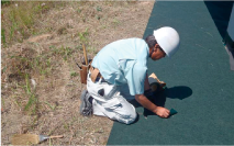 パネルの下に防草シートを張る作業員