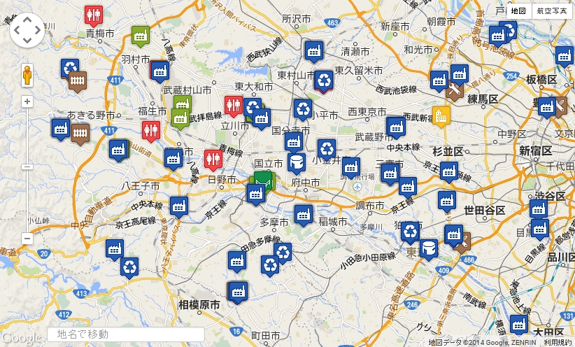 東京都下の一般焼却施設（エントツ付き施設マーク）