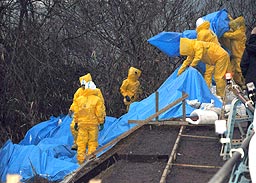 放射線レベルの高い廃棄物が見つかった現場をシートで覆う作業員＝１月30日、鳥取市岩倉